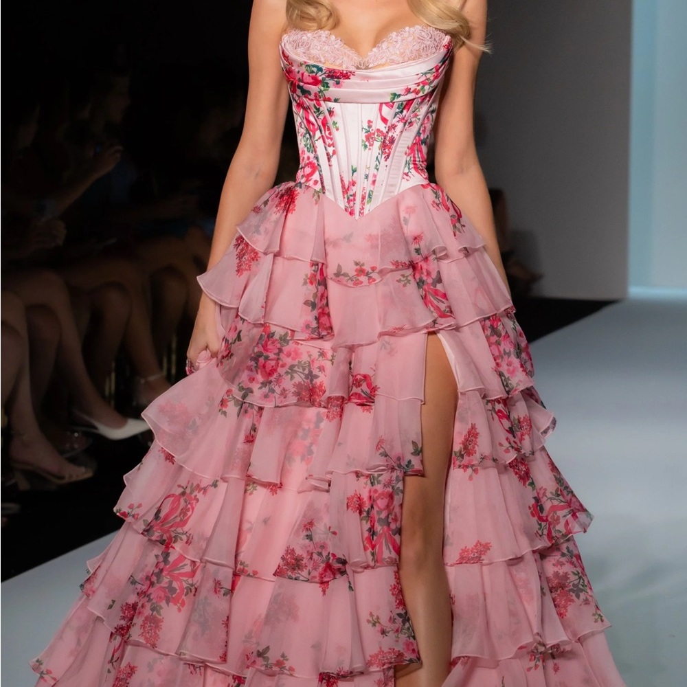 Sherri Hill Pink Floral Tiered Prom Dress - Picture 1 of 7